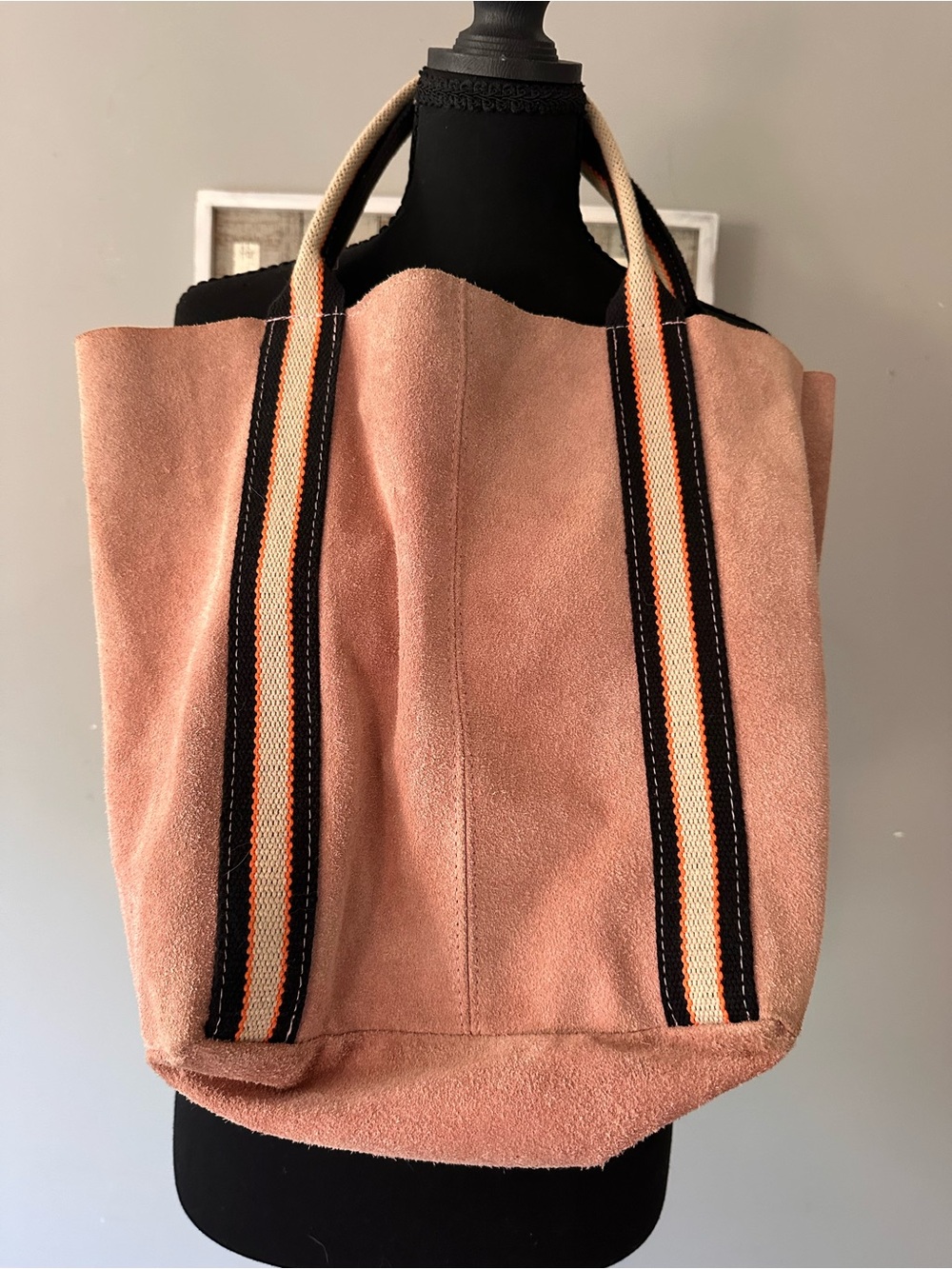 Blush Suede Tote with Striped Shoulder Handles